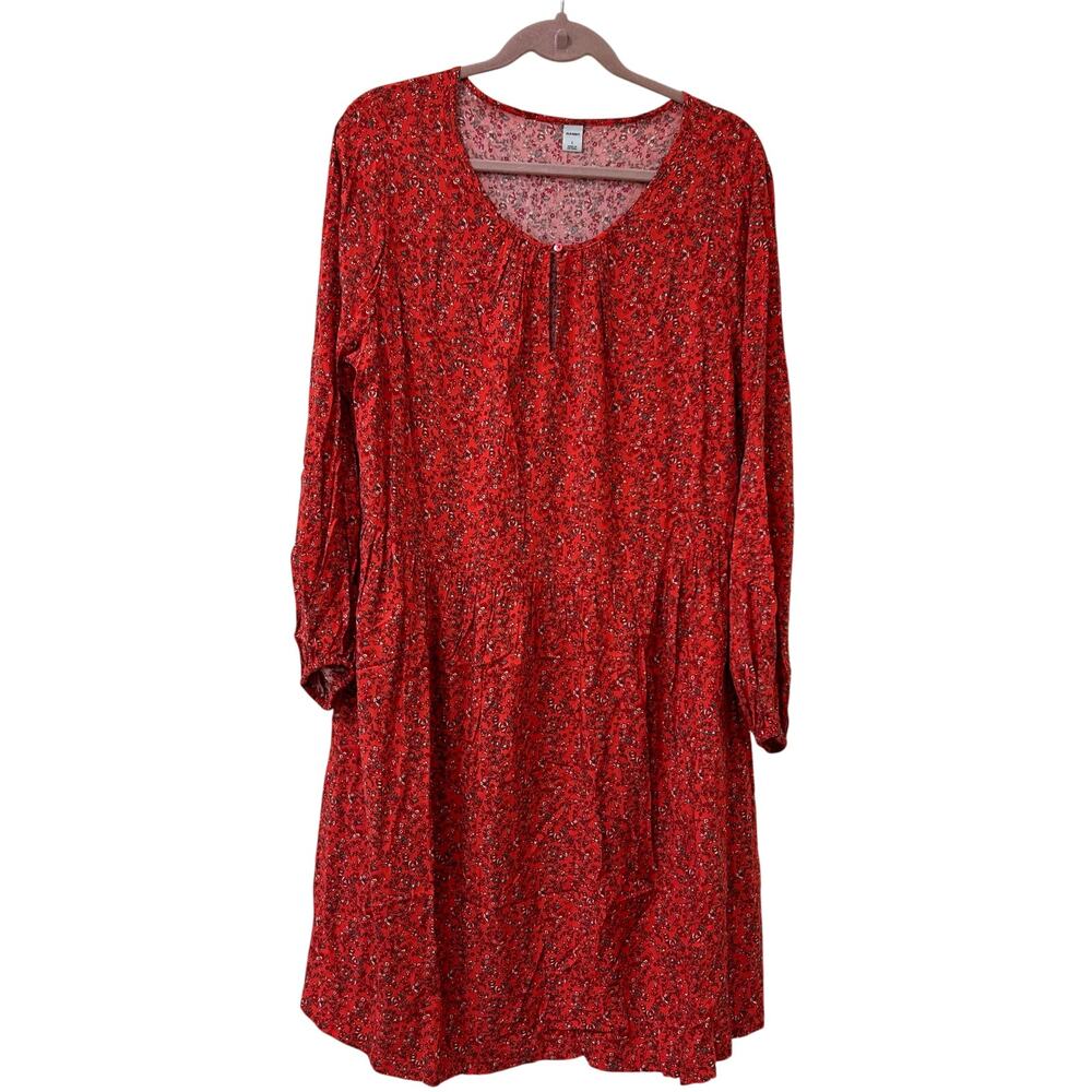Old Navy NWT Womens Sz Large Red Ditsy Floral Long Sleeve Midi Dress Cottage